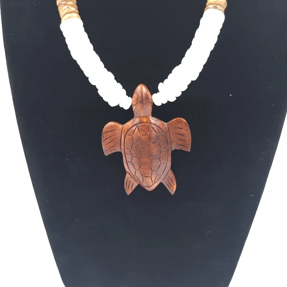 Puka Shell Necklace Hand Carved Wood Sea Turtle Pendant Brown White